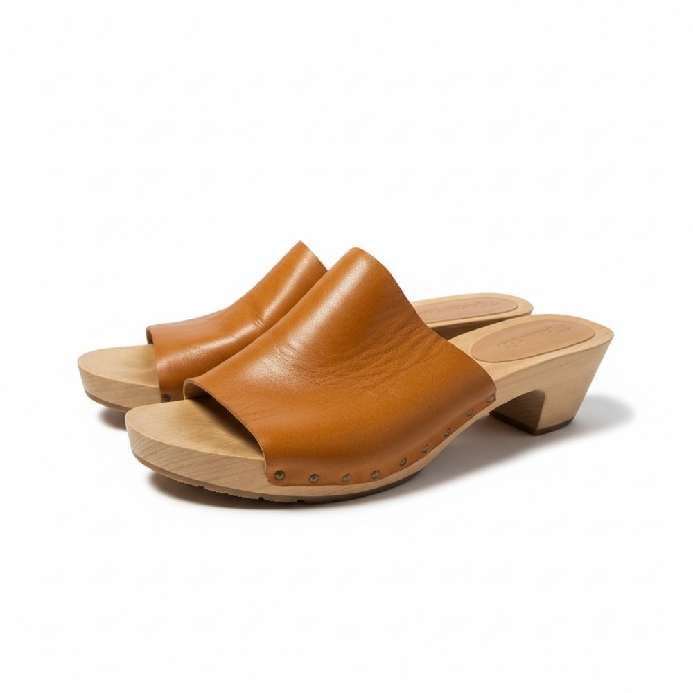 Madewell Evelyn Slide Clog Leather Wood Platform Sandals Tan Brown 7.5